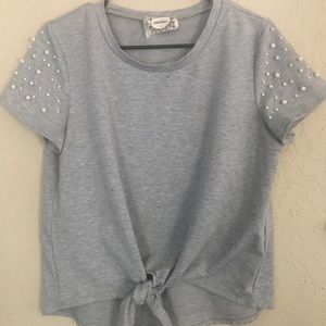 Tie front short sleeve tee with pearl bead detail